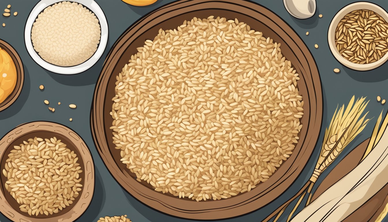 A bowl of brown rice surrounded by lactation-promoting foods