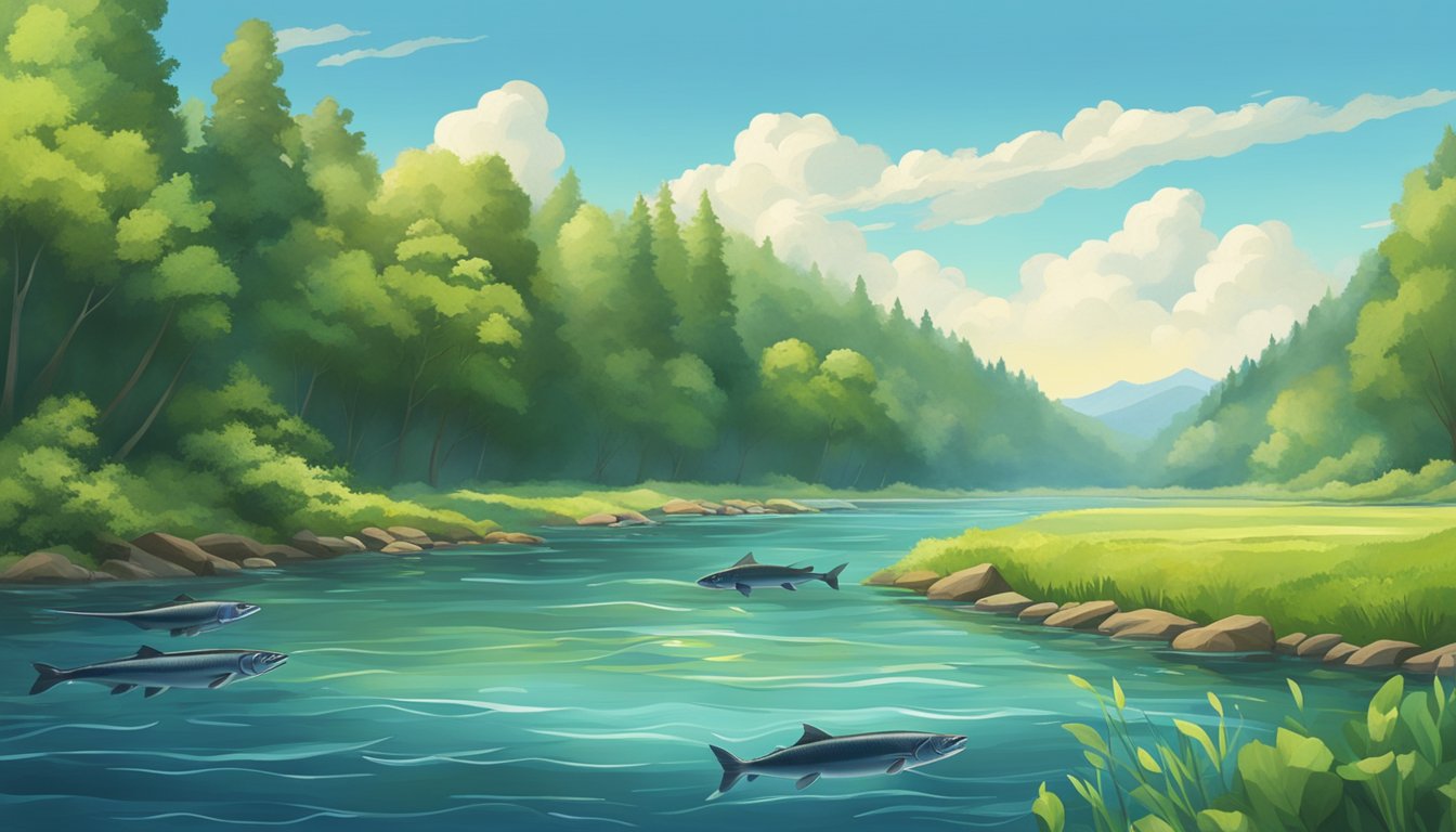 A serene river with a school of salmon swimming against the current, surrounded by lush greenery and a clear blue sky