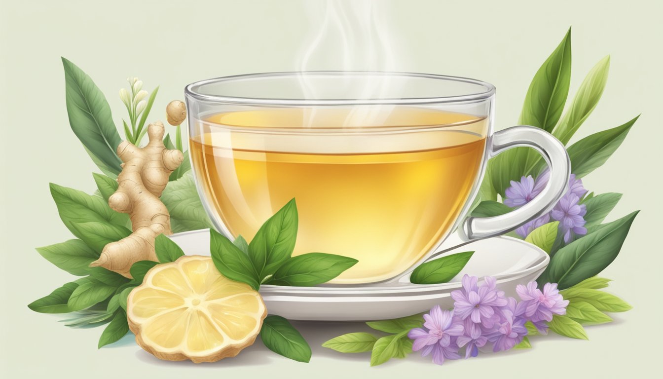 Steaming cup of ginger tea surrounded by soothing herbs and flowers