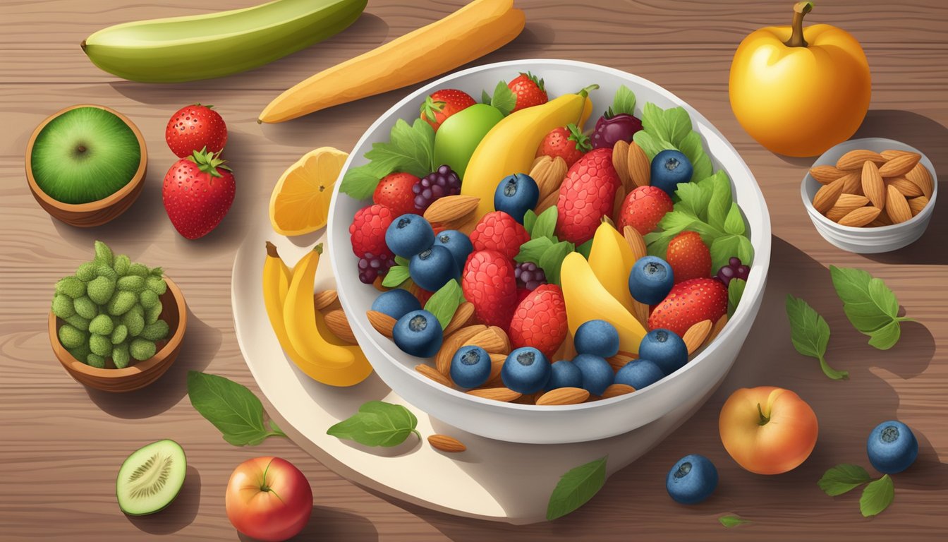 A bowl of almonds surrounded by colorful fruits and vegetables on a wooden table