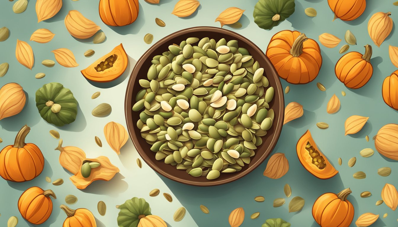 A bowl of pumpkin seeds surrounded by scattered seeds and a few whole pumpkins, with a spotlight shining on the bowl