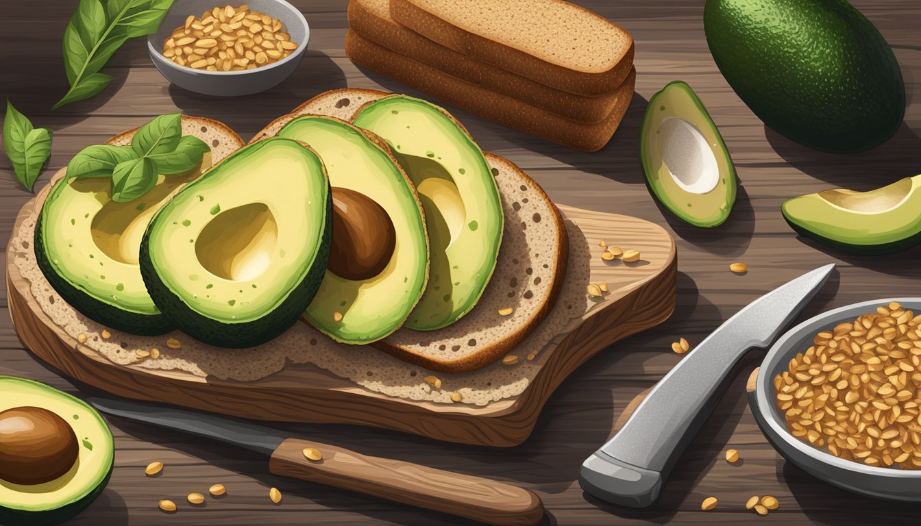 A slice of avocado toast with a sprinkle of salt and pepper on a rustic wooden cutting board, surrounded by a few ripe avocados and a loaf of whole grain bread