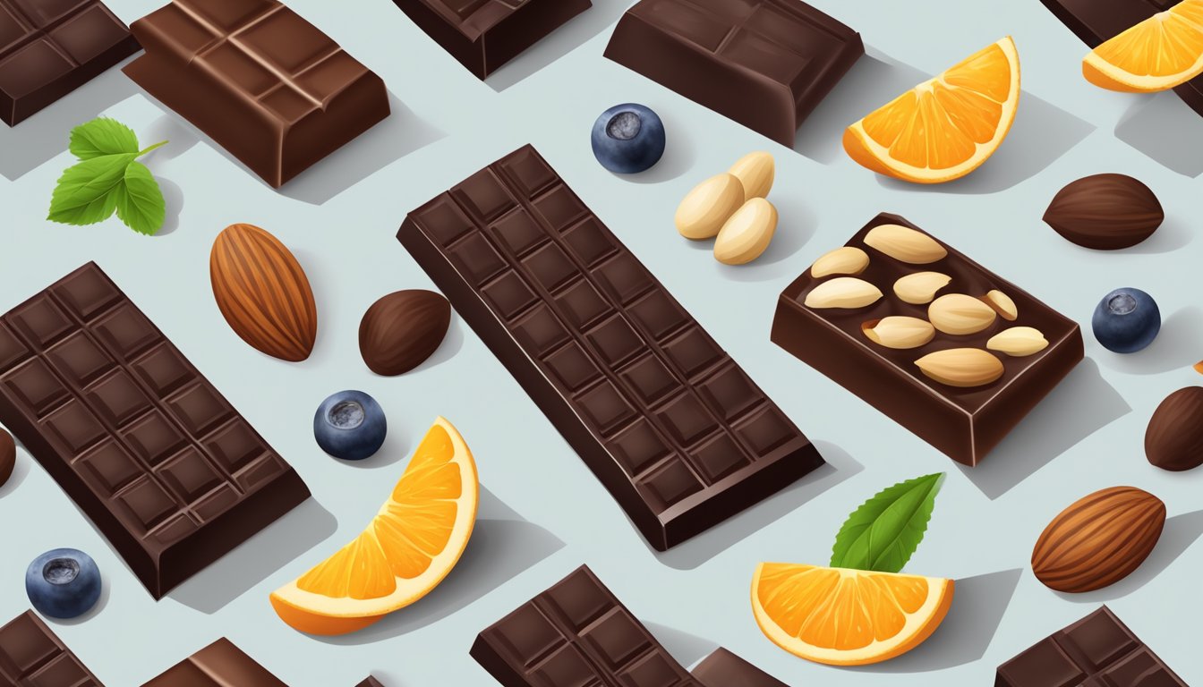 A bar of dark chocolate surrounded by a variety of nuts and fruits, with a few pieces missing