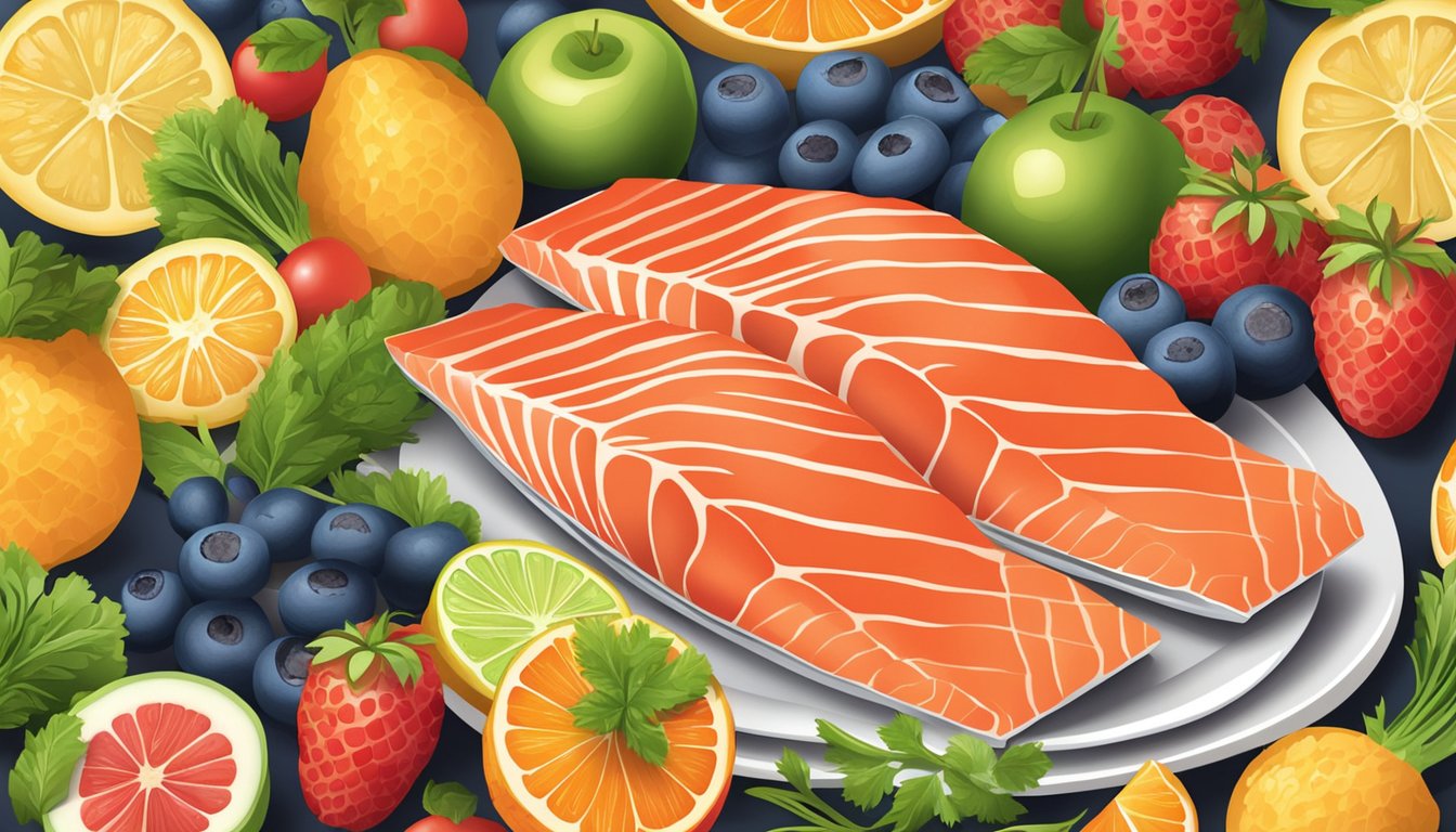 A plate of fresh salmon surrounded by vibrant fruits and vegetables