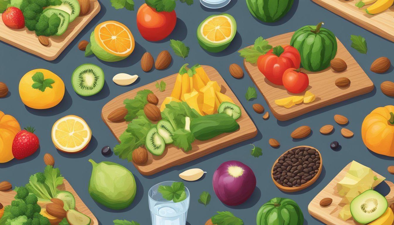 A colorful array of fresh fruits and vegetables arranged on a wooden cutting board, surrounded by nuts and seeds. A glass of water sits nearby