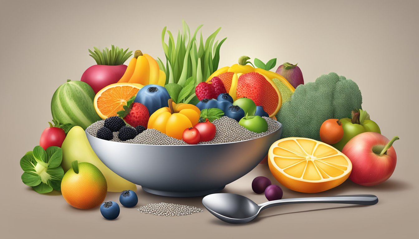 A bowl of chia seeds surrounded by colorful fruits and vegetables, with a measuring spoon nearby