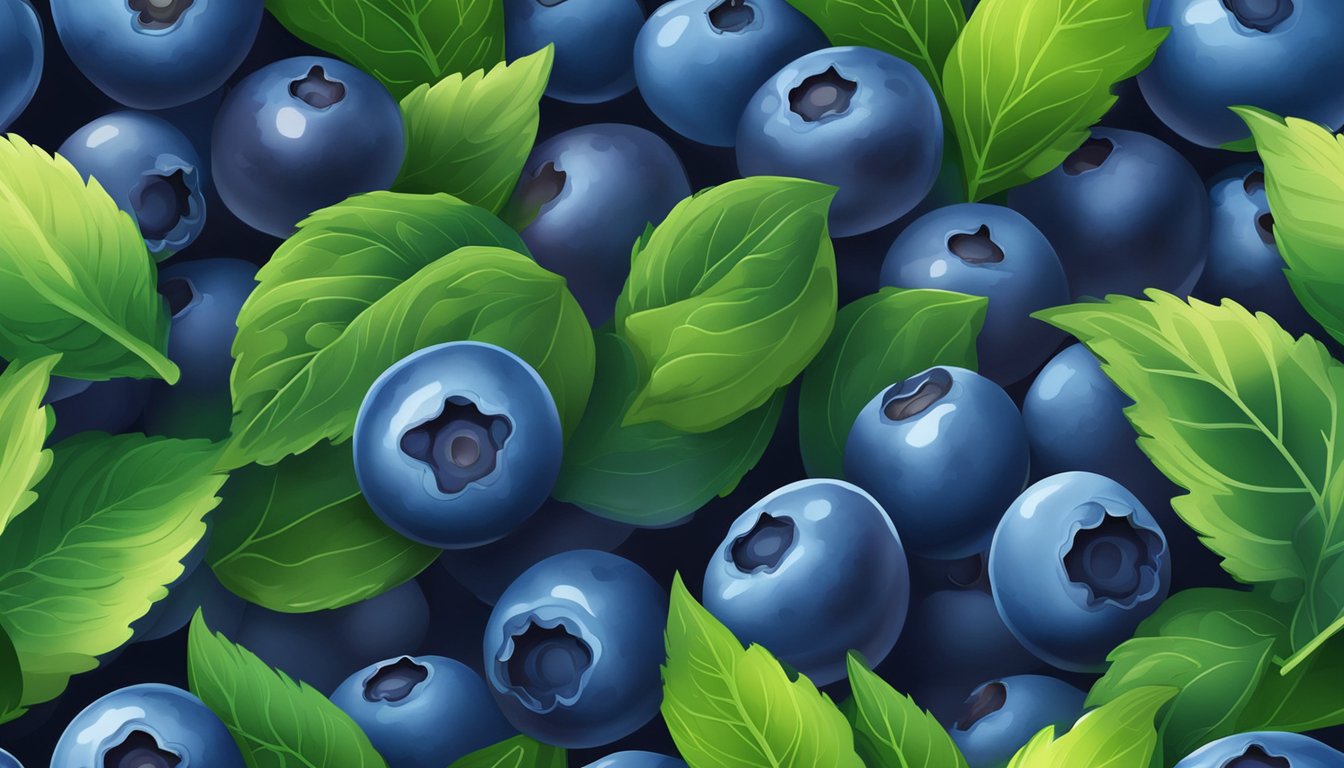 A vibrant pile of fresh blueberries surrounded by green leaves and a bright blue background