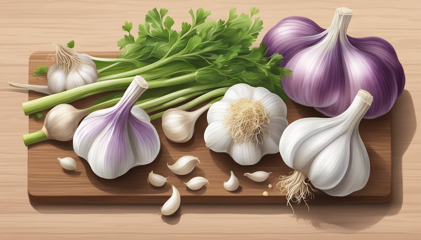 A colorful array of fresh garlic bulbs, cloves, and green sprouts arranged on a wooden cutting board