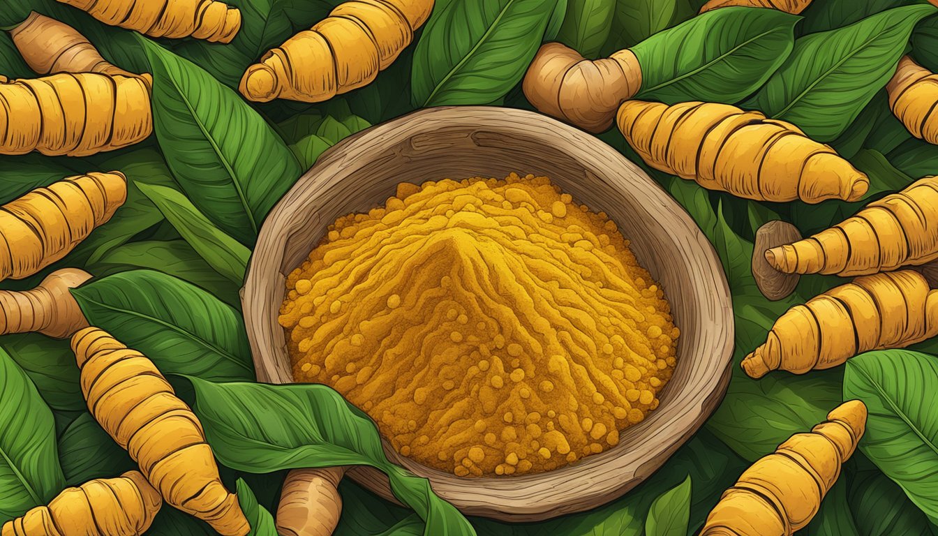 A vibrant pile of turmeric roots and powder surrounded by fresh green leaves