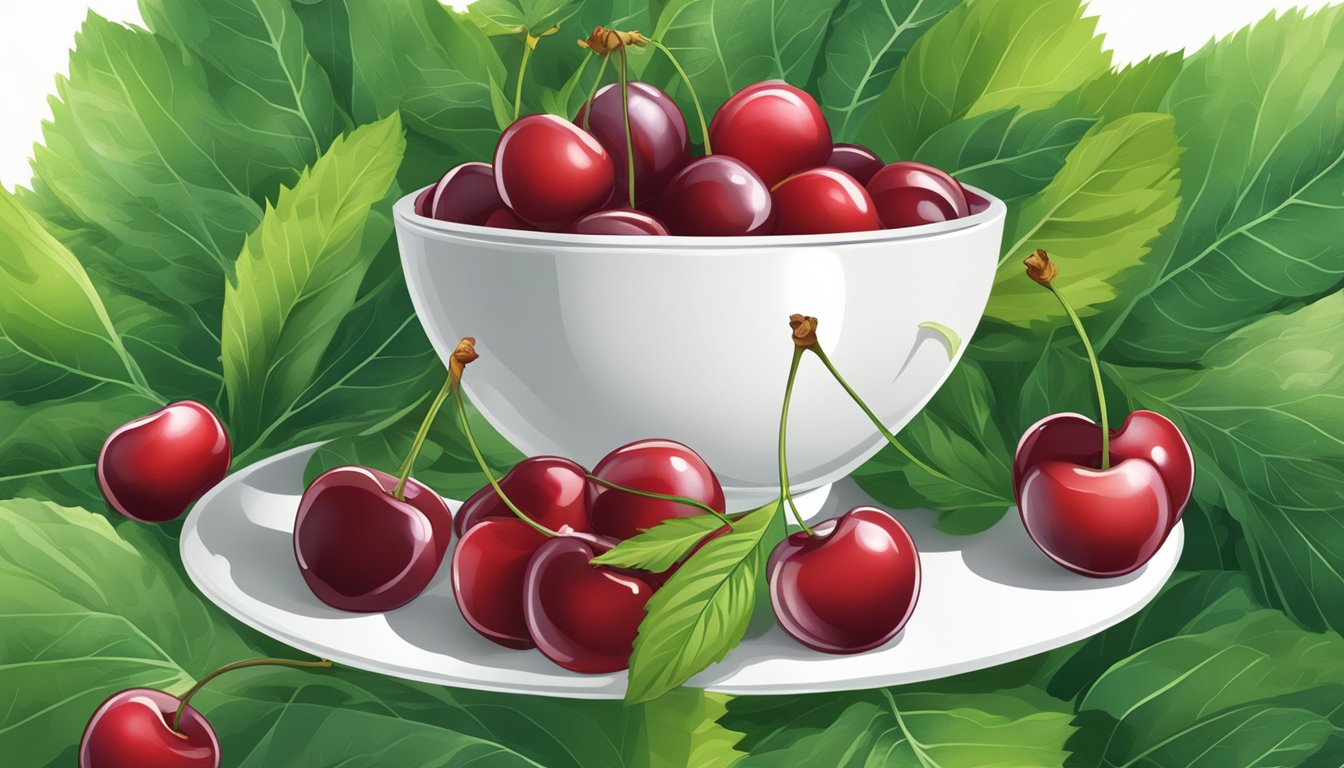 A bowl of ripe cherries surrounded by green leaves and a healthy-looking pancreas in the background