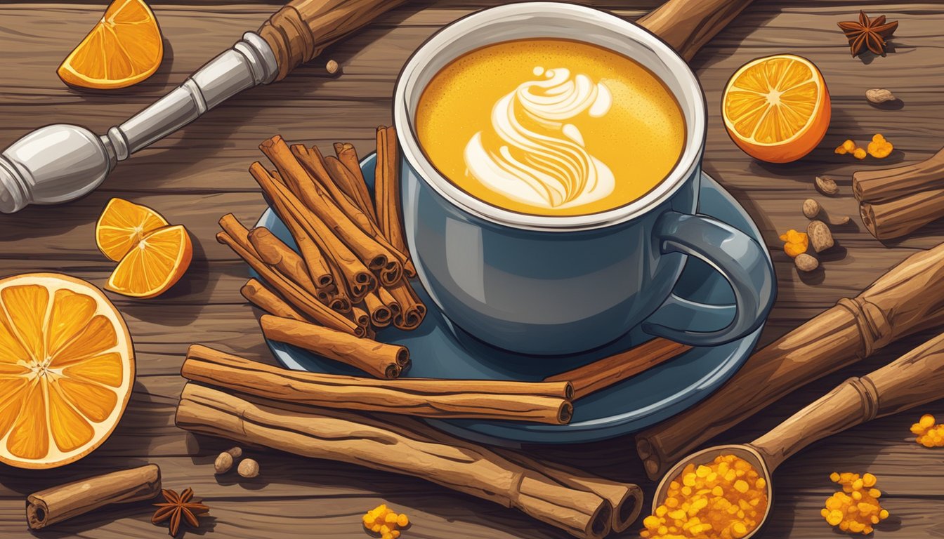 A steaming mug of turmeric latte surrounded by vibrant orange turmeric roots, ginger, and cinnamon sticks on a rustic wooden table