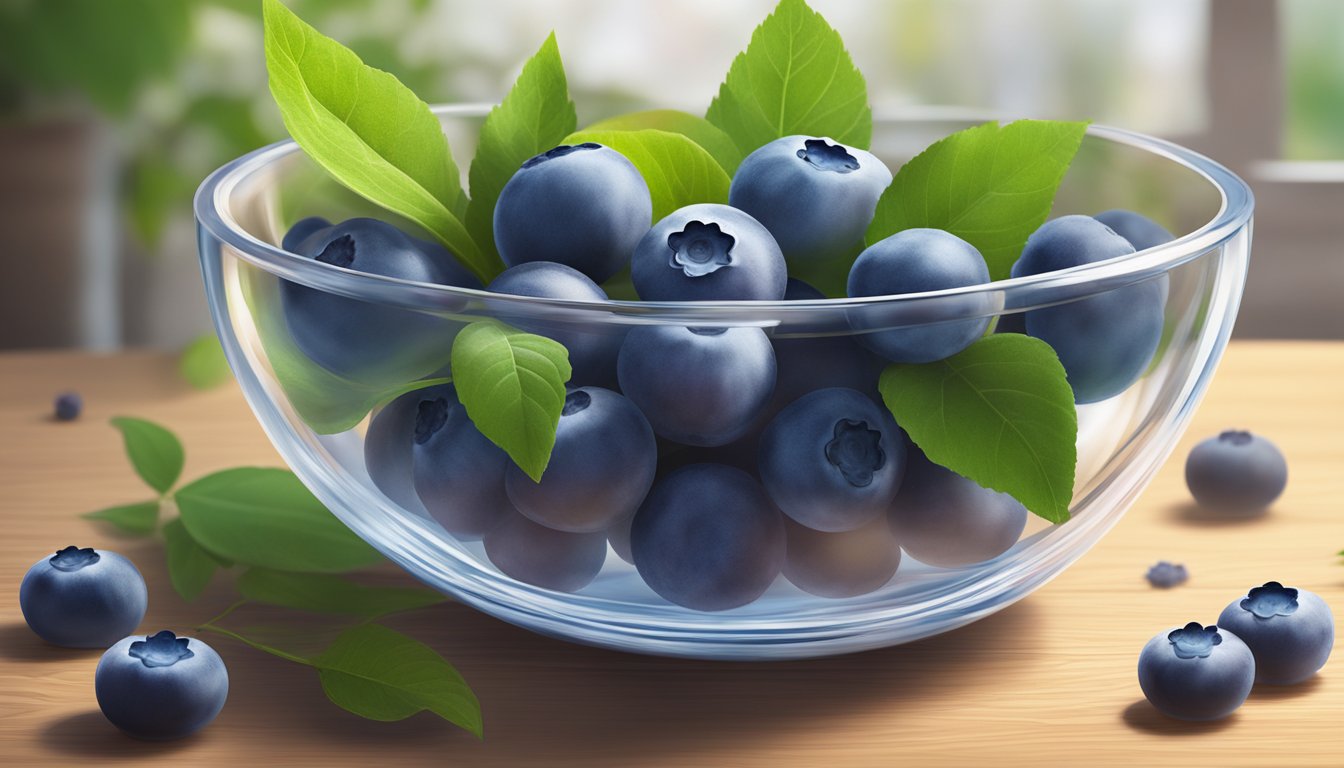 A clear glass bowl filled with ripe blueberries, surrounded by fresh green leaves and a few blossoms, sits on a wooden table