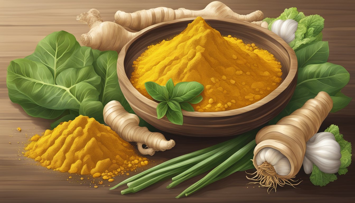 A vibrant scene of turmeric roots and powder surrounded by fresh ginger, garlic, and leafy greens, evoking a sense of respiratory wellness