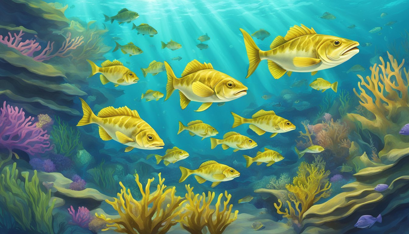 A school of codfish swimming gracefully among seaweed and coral in a vibrant underwater scene