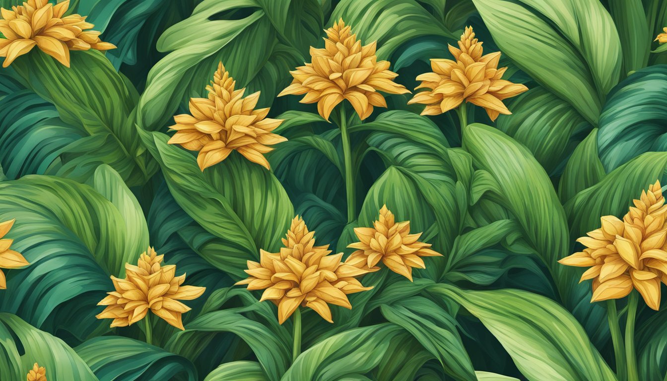 A vibrant illustration of ginger plants growing in a lush garden, with healthy, green leaves and plump, aromatic roots