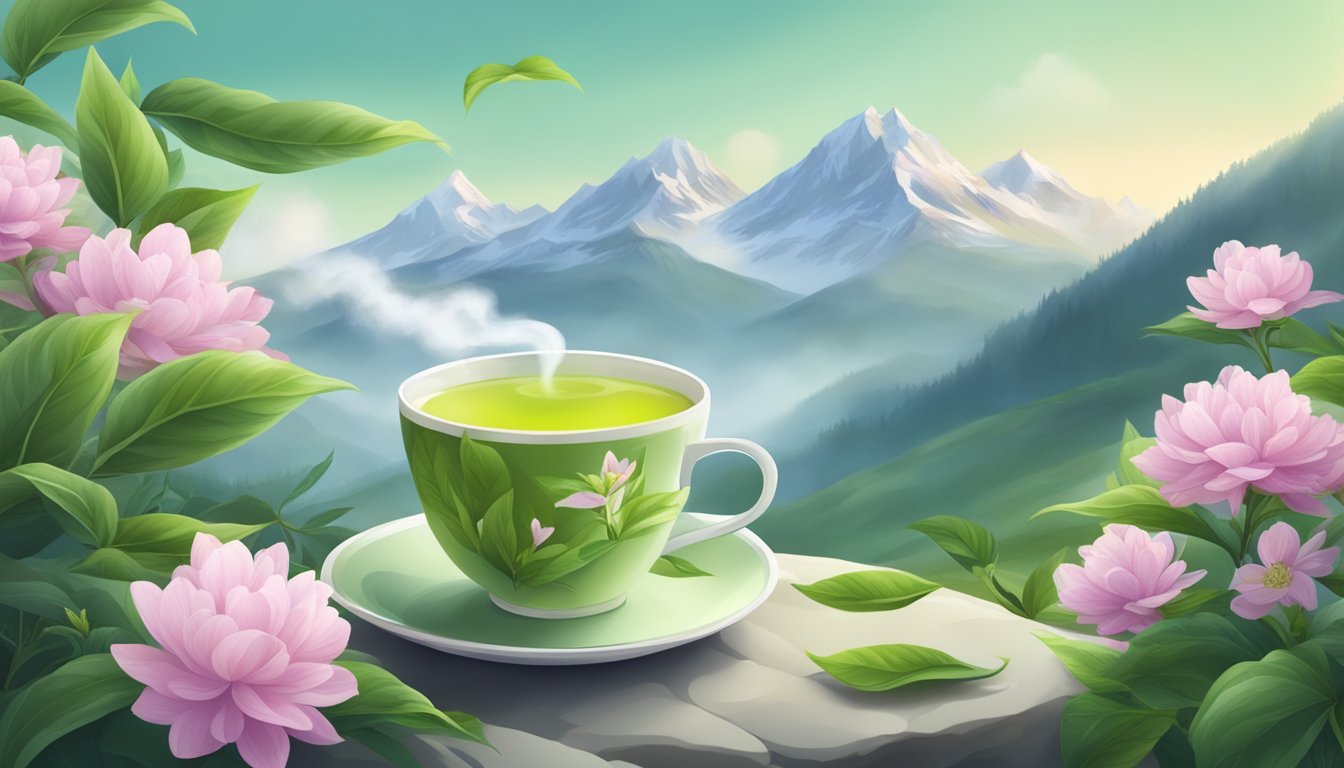 A serene, misty mountain landscape with a steaming cup of green tea surrounded by fresh, green tea leaves and blooming flowers