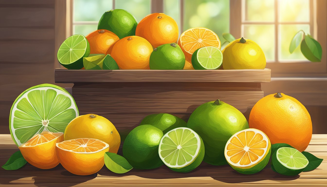 A vibrant array of citrus fruits, including oranges, lemons, and limes, arranged on a rustic wooden table. Sunlight streams in, casting a warm glow on the juicy, colorful fruits