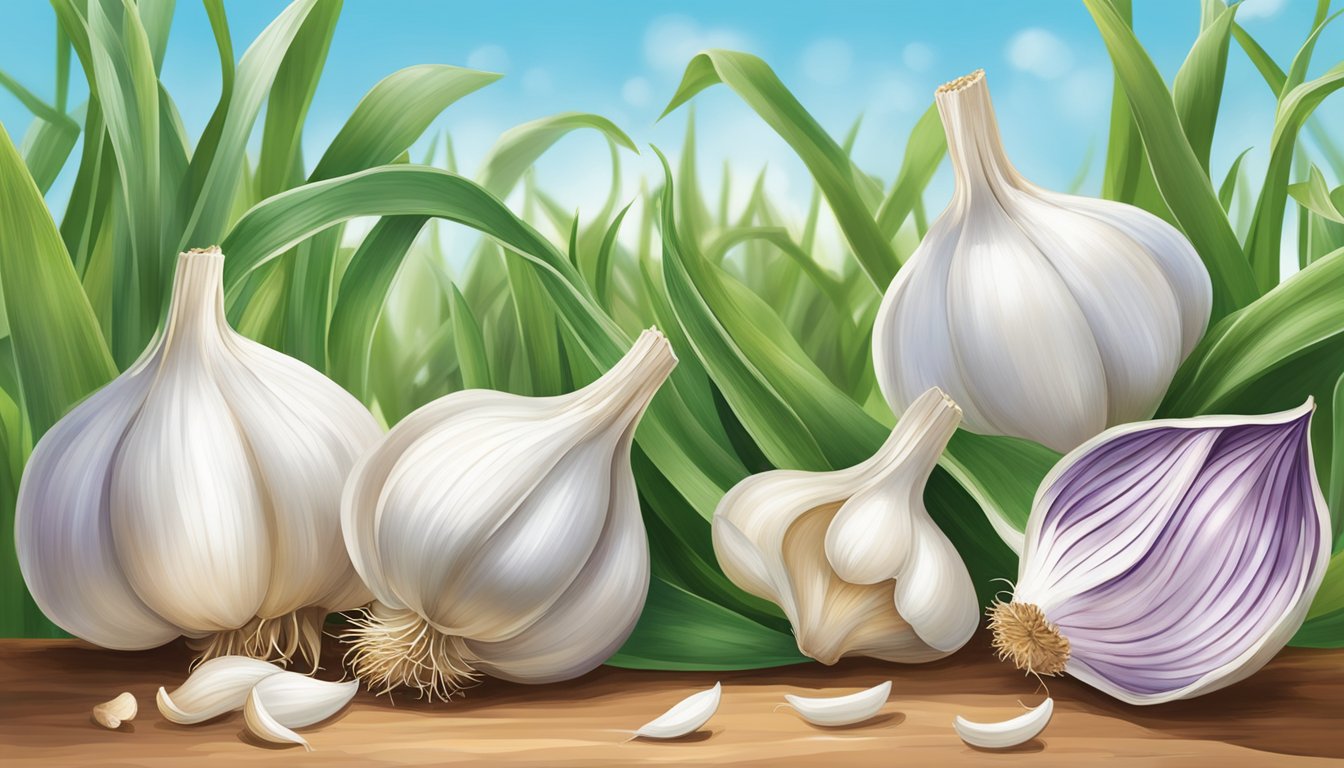 A vibrant scene of fresh garlic bulbs and cloves, surrounded by green, leafy herbs and a clear blue sky in the background