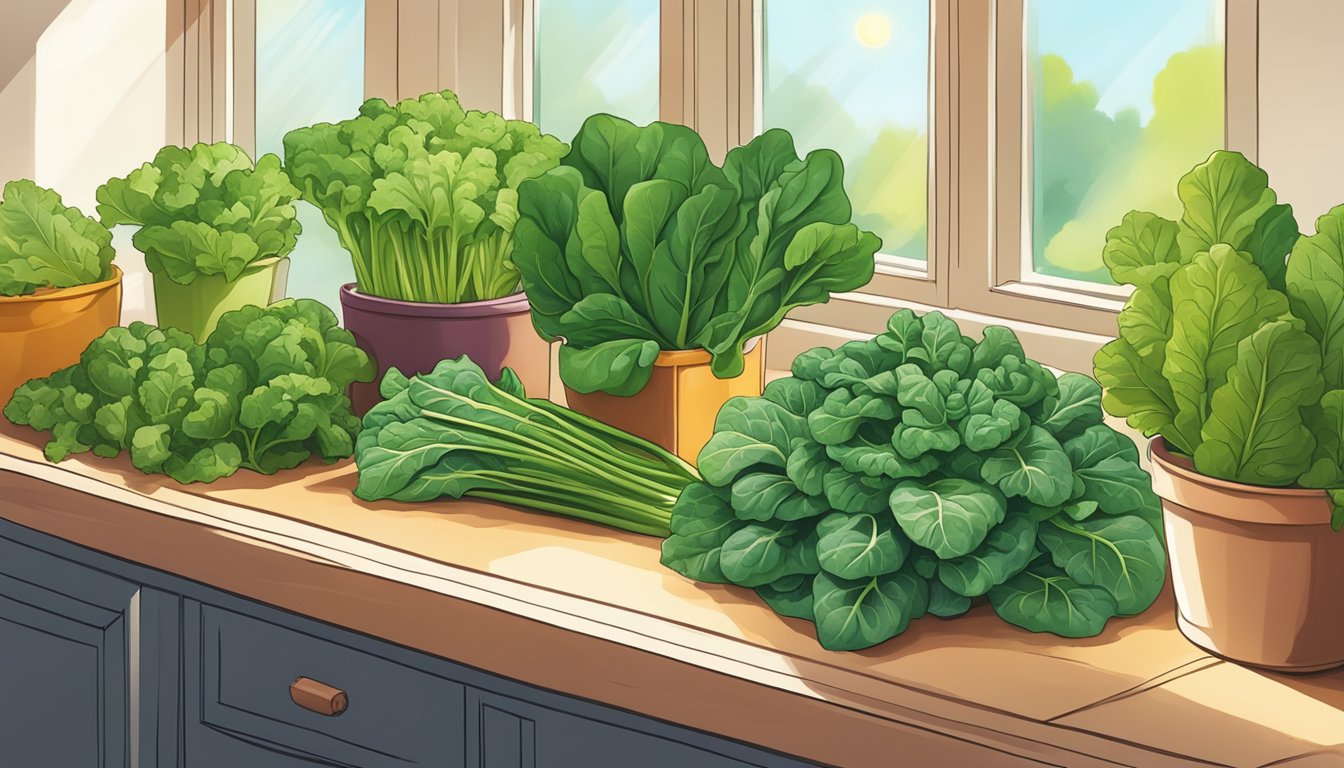 A vibrant assortment of leafy greens, including spinach, kale, and Swiss chard, arranged in a colorful display, surrounded by sunlight streaming through a window