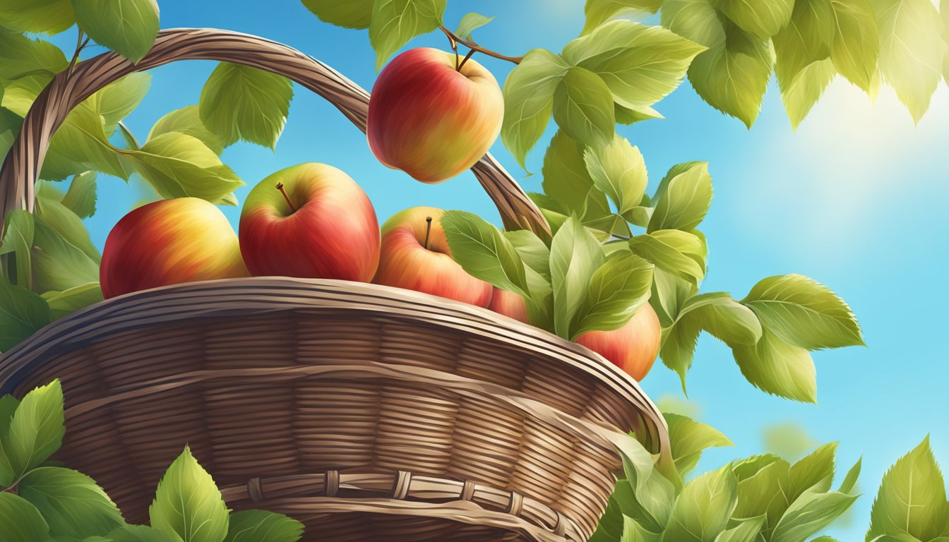 A basket of ripe red apples surrounded by fresh green leaves and a clear blue sky in the background