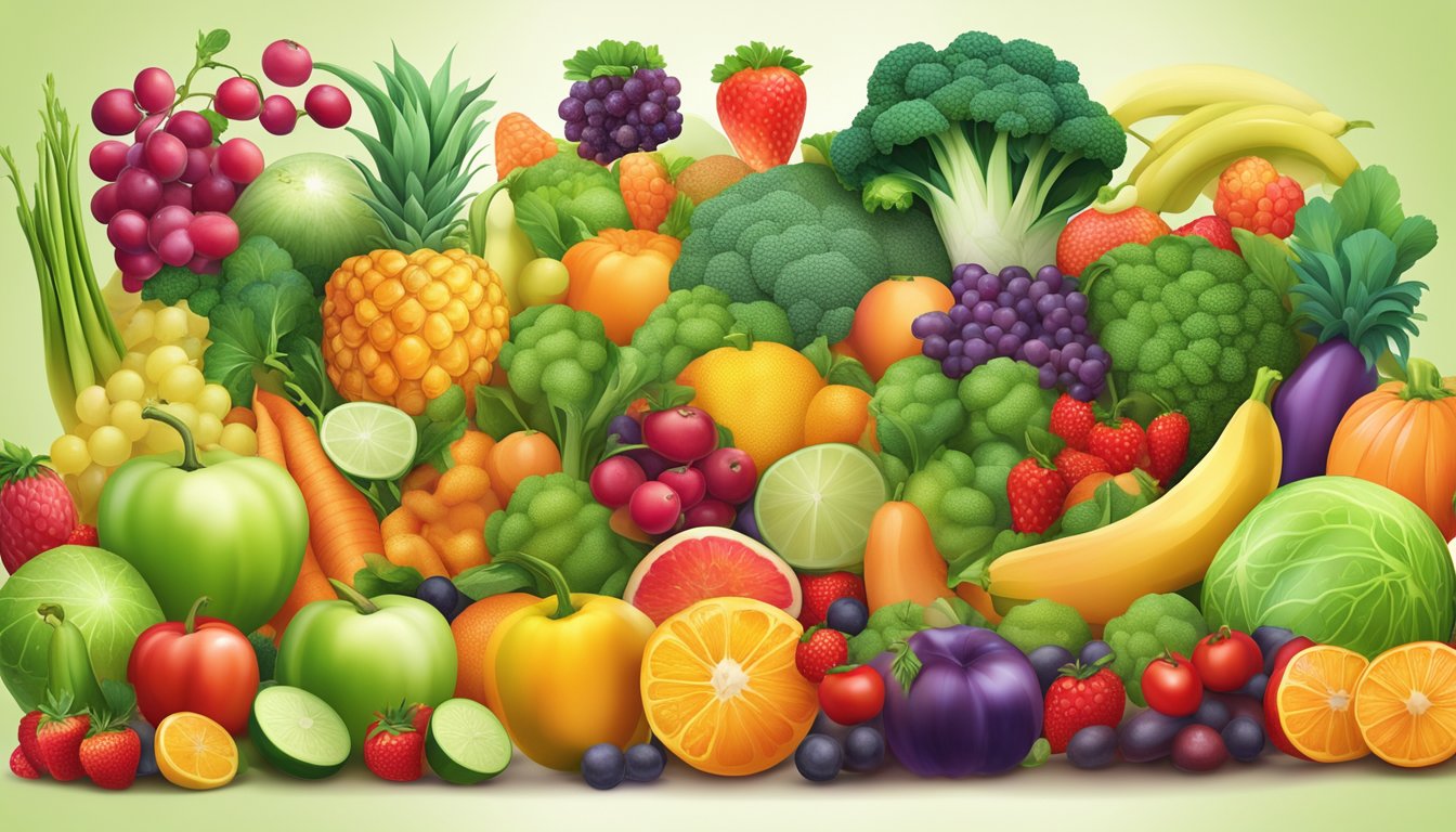 A vibrant array of colorful fruits and vegetables arranged in a bountiful display, surrounded by glowing symbols representing immunity