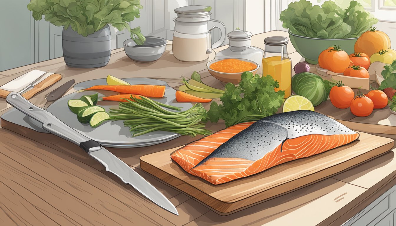 A serene kitchen counter with fresh salmon, colorful vegetables, and a cutting board