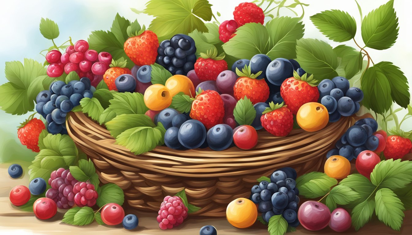 A colorful array of assorted berries overflowing from a rustic woven basket, surrounded by lush green leaves and vines