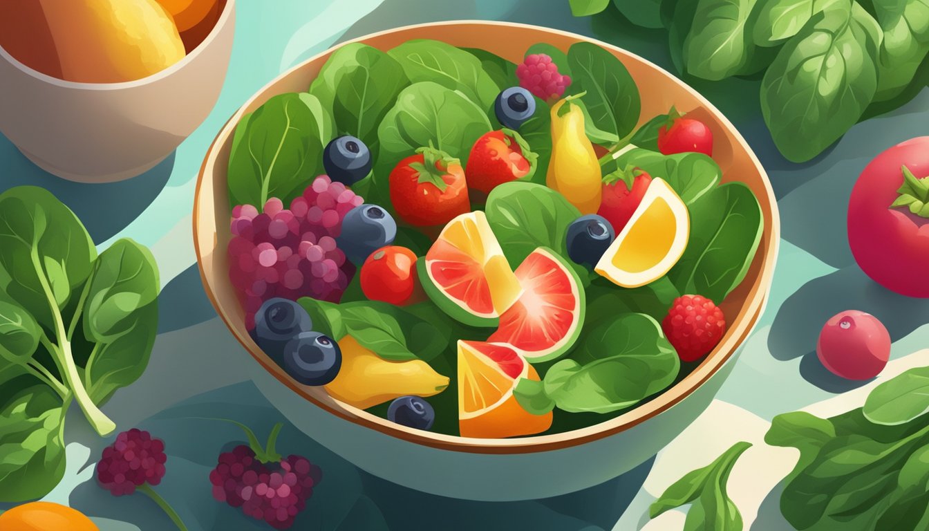 A bowl of fresh spinach surrounded by colorful fruits and vegetables, with a beam of sunlight shining on it