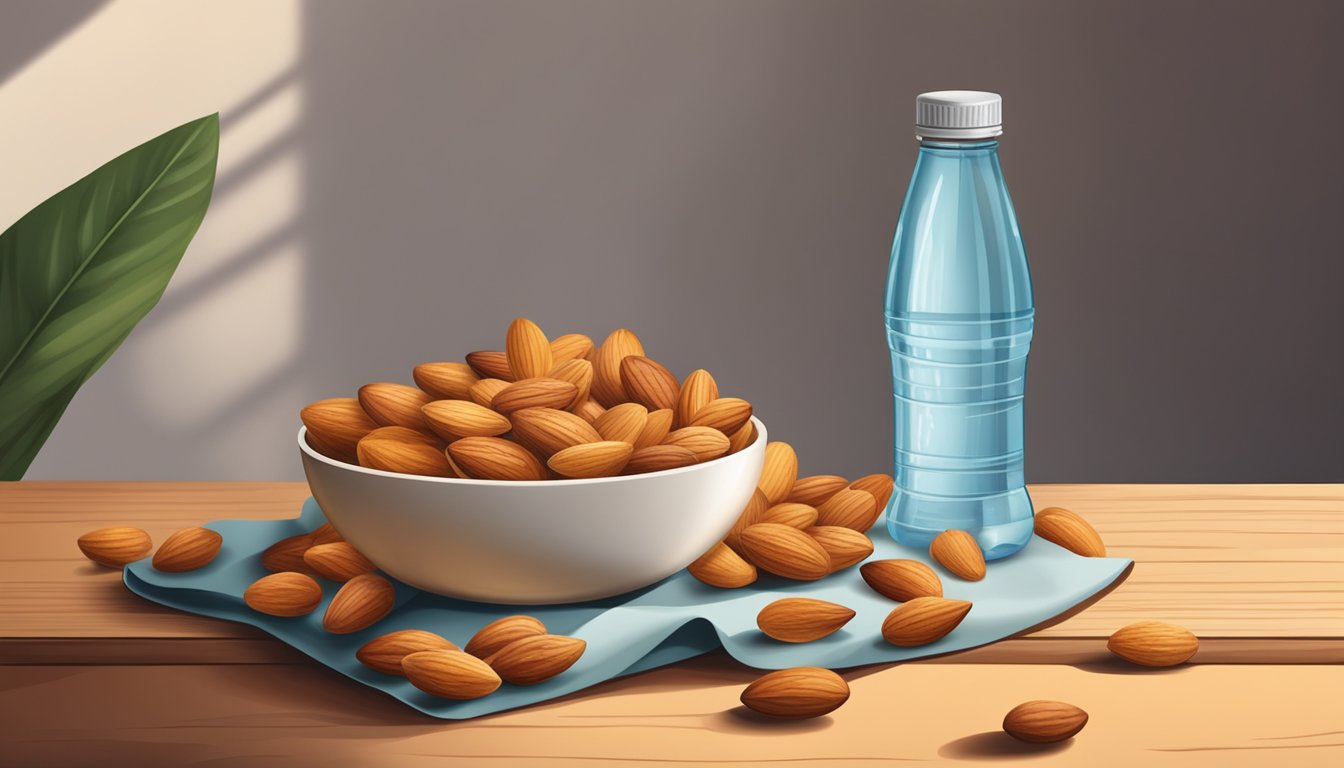 A bowl of almonds surrounded by fresh fruit and a water bottle on a wooden table