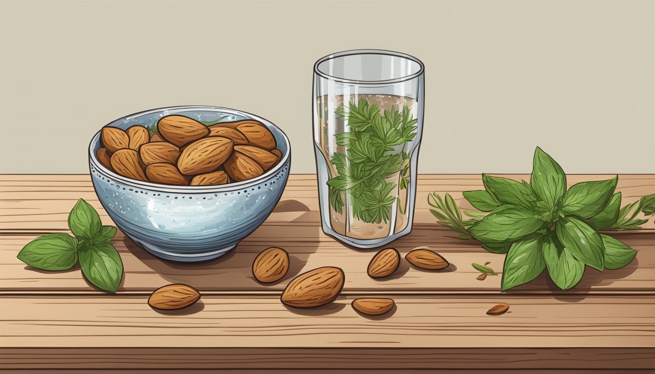 A bowl of almonds surrounded by fresh herbs and a glass of water on a wooden table