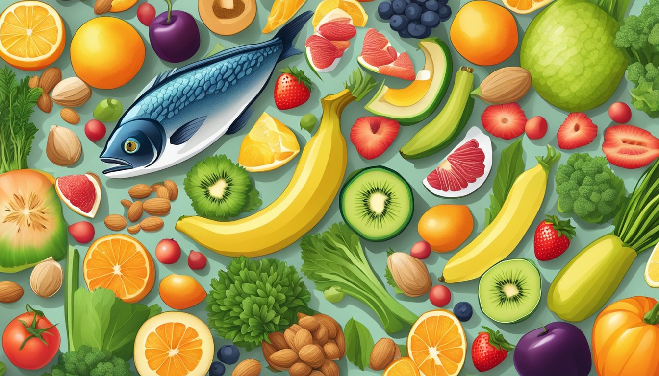 A vibrant assortment of fruits, vegetables, nuts, and fish arranged in a colorful display, representing the best foods for enhancing natural collagen production