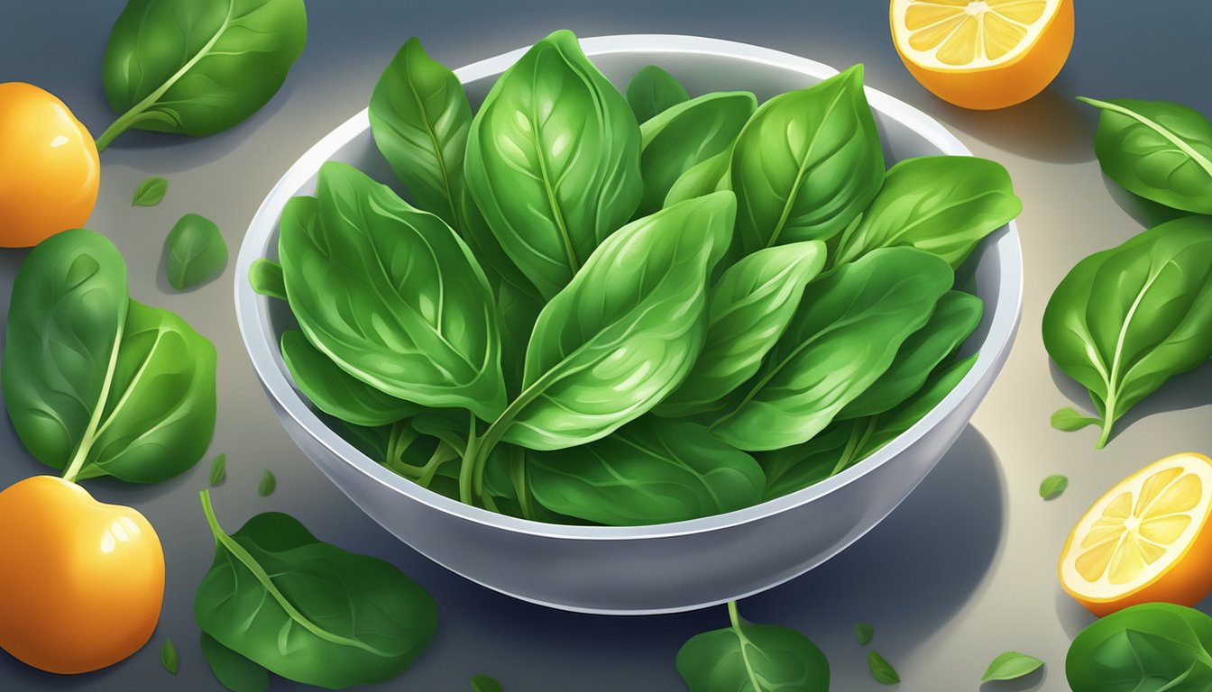 Fresh spinach leaves arranged in a bowl with vibrant colors and a bright spotlight shining down