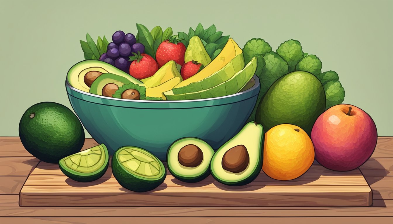 A bowl of ripe avocados surrounded by colorful fruits and vegetables on a wooden cutting board