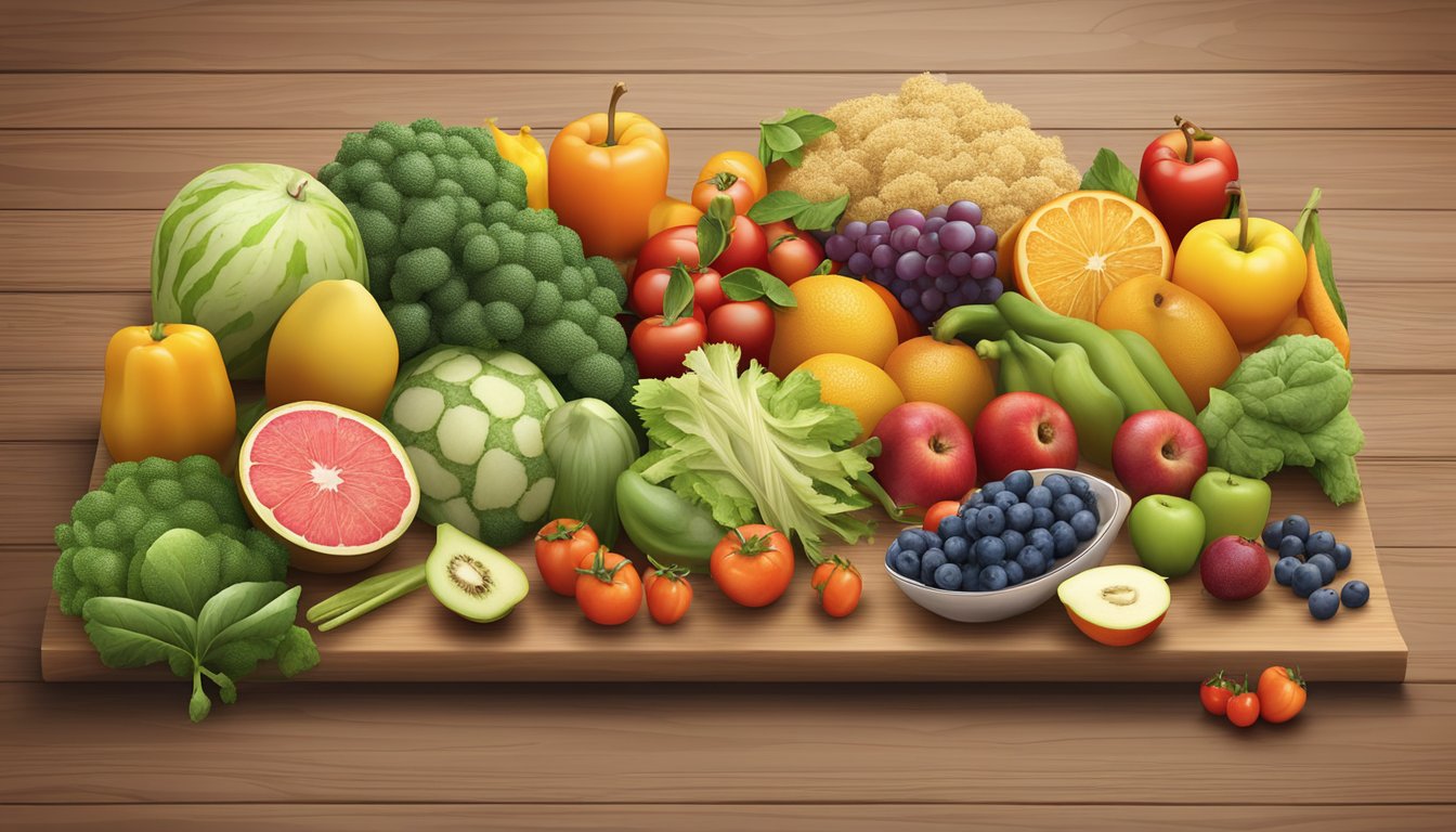 A colorful array of fruits, vegetables, whole grains, and lean proteins arranged in a balanced composition on a wooden cutting board