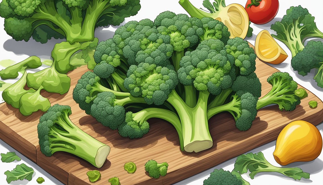 A vibrant green broccoli surrounded by other alkalizing foods on a wooden cutting board