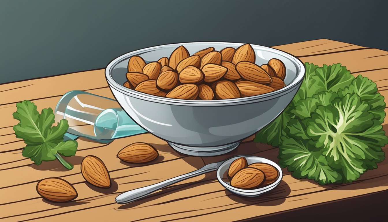 A bowl of almonds surrounded by green leafy vegetables and a glass of water on a wooden table