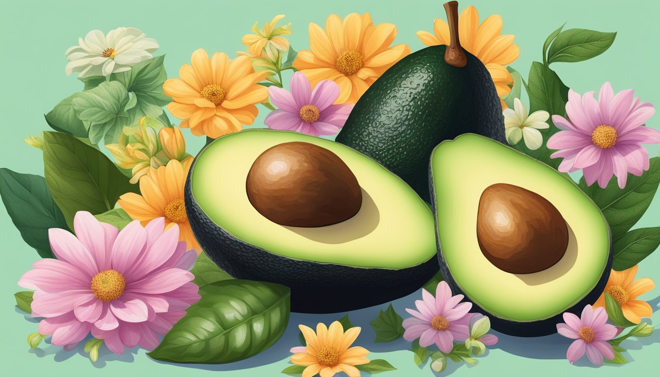 A ripe avocado surrounded by aphrodisiac foods and flowers