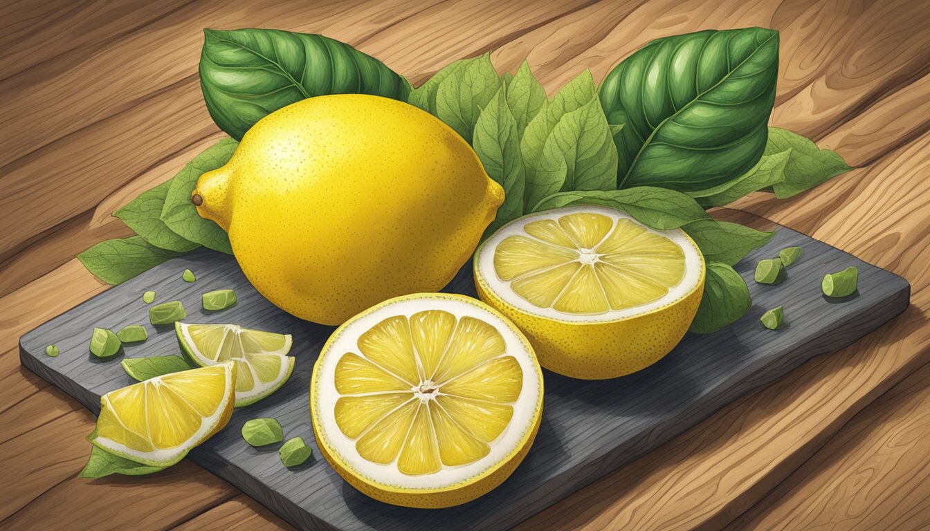 A vibrant lemon surrounded by various alkalizing foods on a wooden cutting board