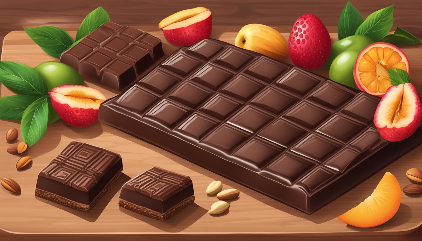 A decadent dark chocolate bar surrounded by vibrant, aphrodisiac fruits and nuts on a wooden cutting board