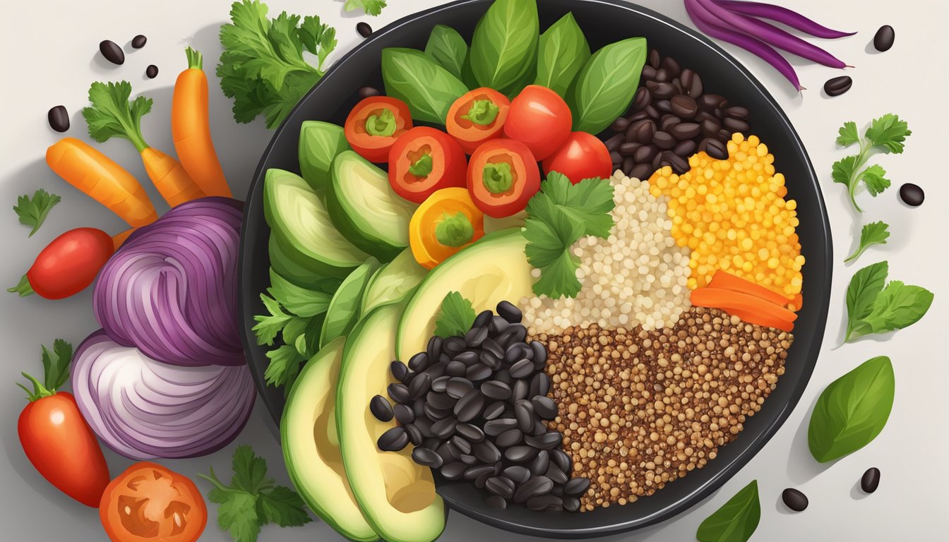 A colorful bowl filled with quinoa, black beans, and fresh vegetables, set against a backdrop of vibrant, gluten-free ingredients