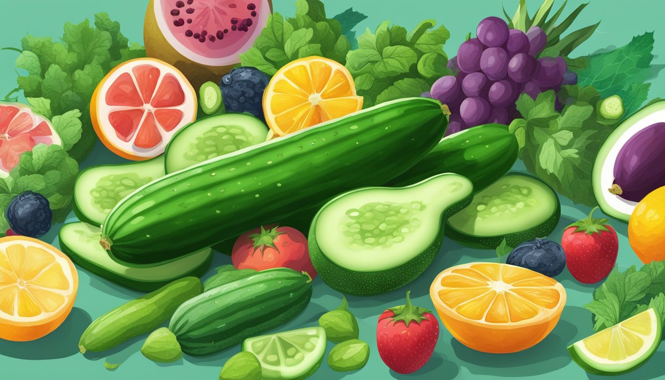 A vibrant green cucumber surrounded by colorful fruits and vegetables on a kitchen counter