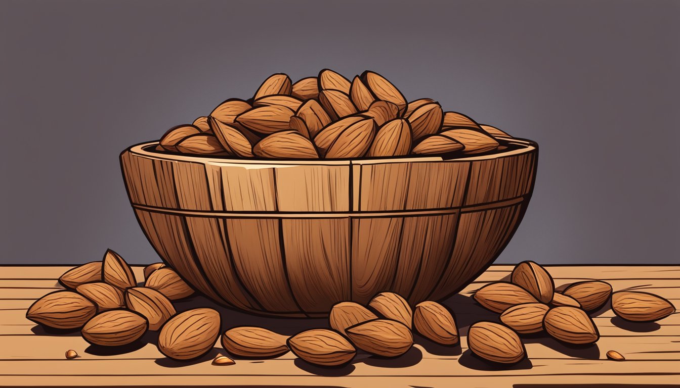 A pile of almonds spilling out of a wooden bowl on a rustic table