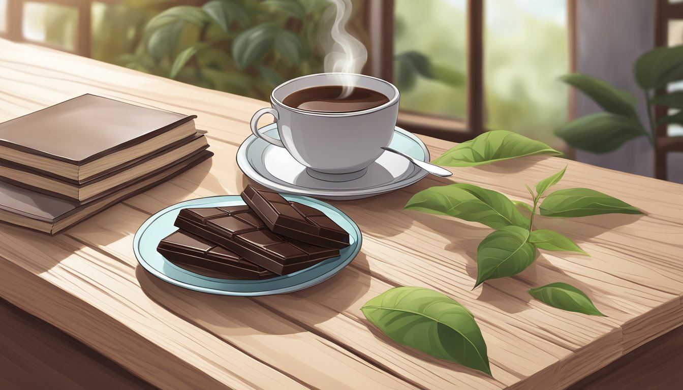 A serene setting with a piece of dark chocolate placed on a wooden table, surrounded by calming elements like a cup of herbal tea and a soothing background