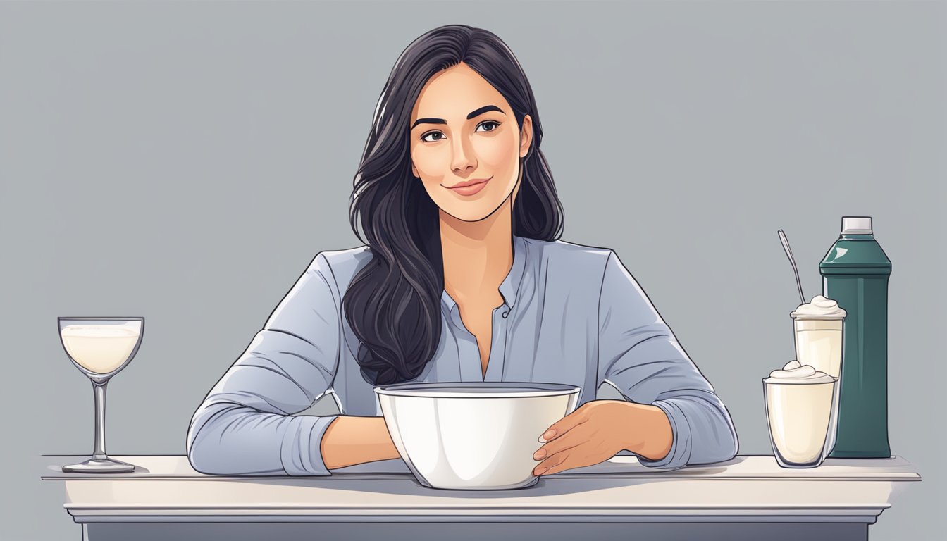 A woman sits at a table with a bowl of yogurt and a calm expression before a podium