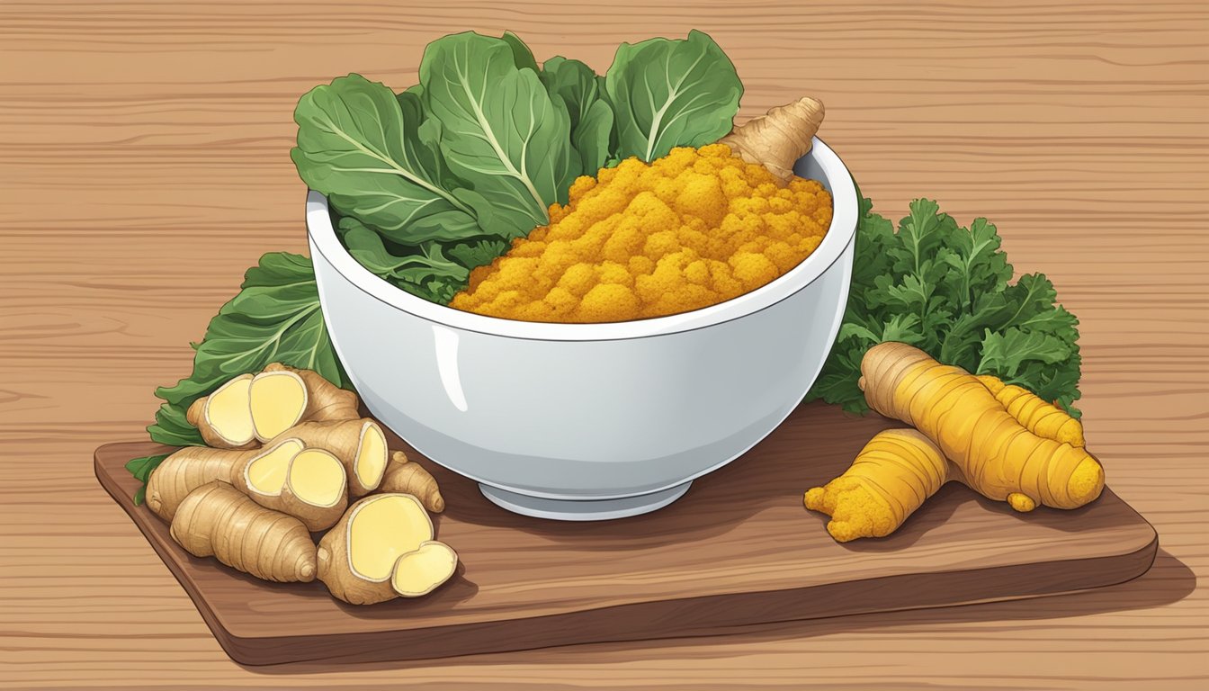 A bowl of fresh ginger root, turmeric, and leafy greens on a wooden cutting board