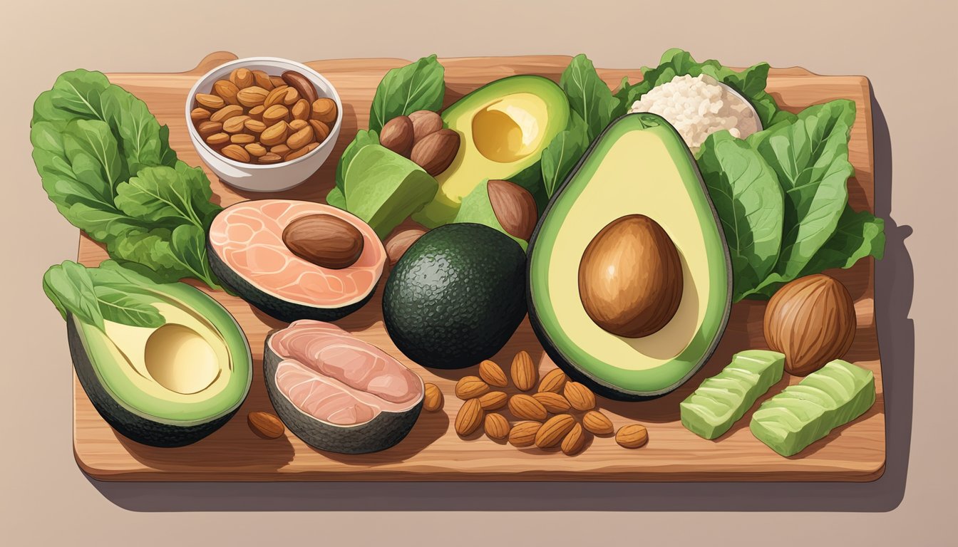 A colorful array of keto-friendly foods, including avocados, leafy greens, nuts, and lean meats, arranged on a wooden cutting board