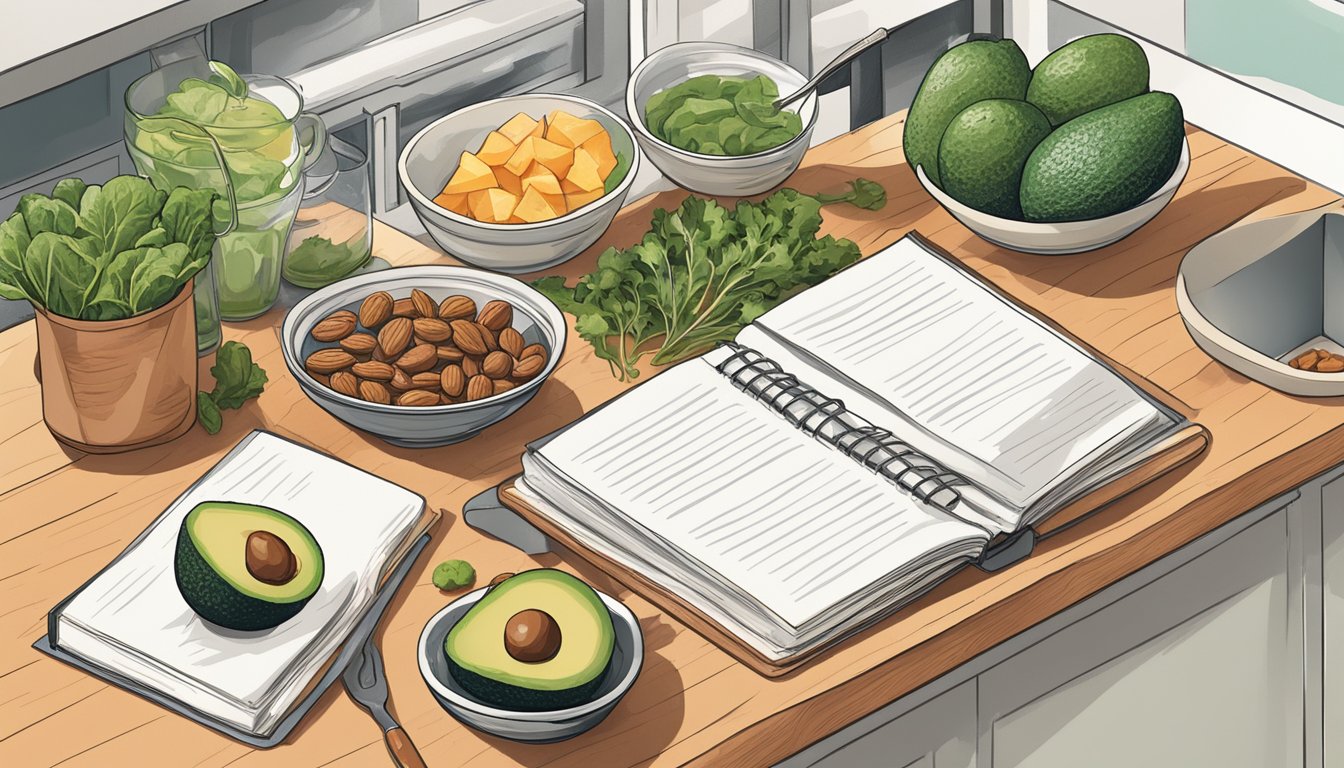 A kitchen counter with a variety of keto-friendly foods such as avocados, nuts, leafy greens, and lean meats. A cookbook open to a keto recipe sits nearby