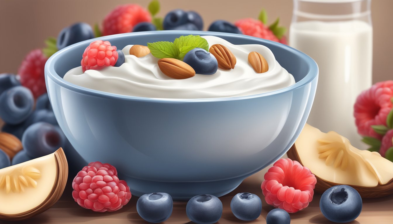 A bowl of Greek yogurt surrounded by fresh berries and nuts, with a dumbbell in the background