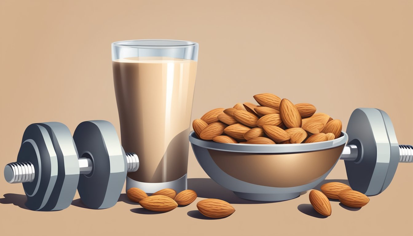 A bowl of almonds surrounded by dumbbells and a protein shake