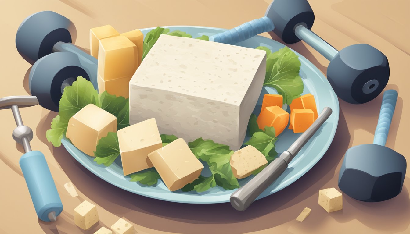 A plate of tofu surrounded by weights and exercise equipment